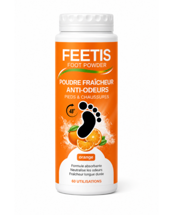 Feetis orange poudre fraîcheur pieds et chaussures absorbe l'humidité, enlève les mauvaises odeurs