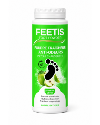 Feetis pomme verte poudre fraîcheur pieds et chaussures absorbe l'humidité, enlève les mauvaises odeurs
