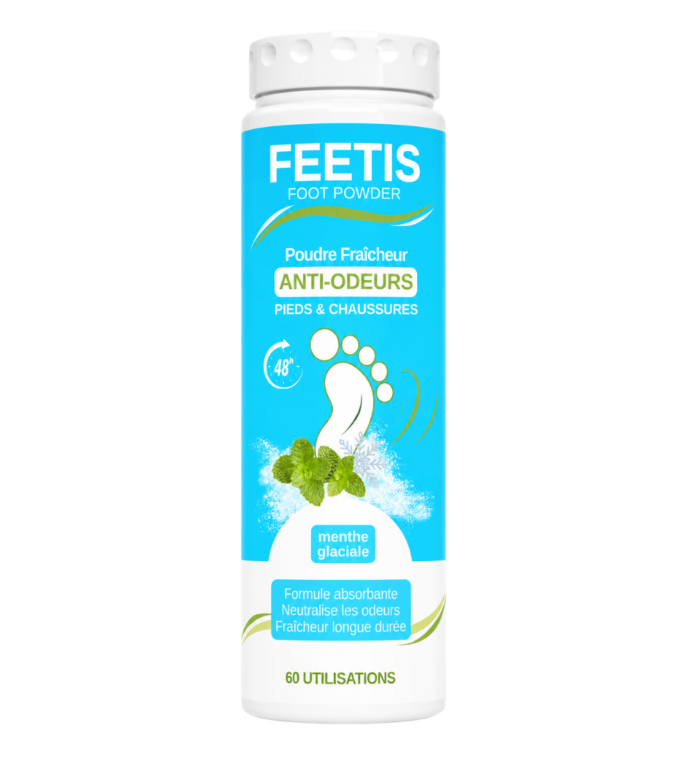 Feetis menthe glaciale poudre fraîcheur pieds et chaussures absorbe l'humidité, enlève les mauvaises odeurs
