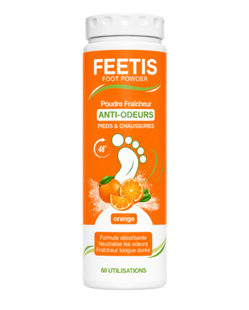 Feetis orange poudre fraîcheur pieds et chaussures absorbe l'humidité, enlève les mauvaises odeurs