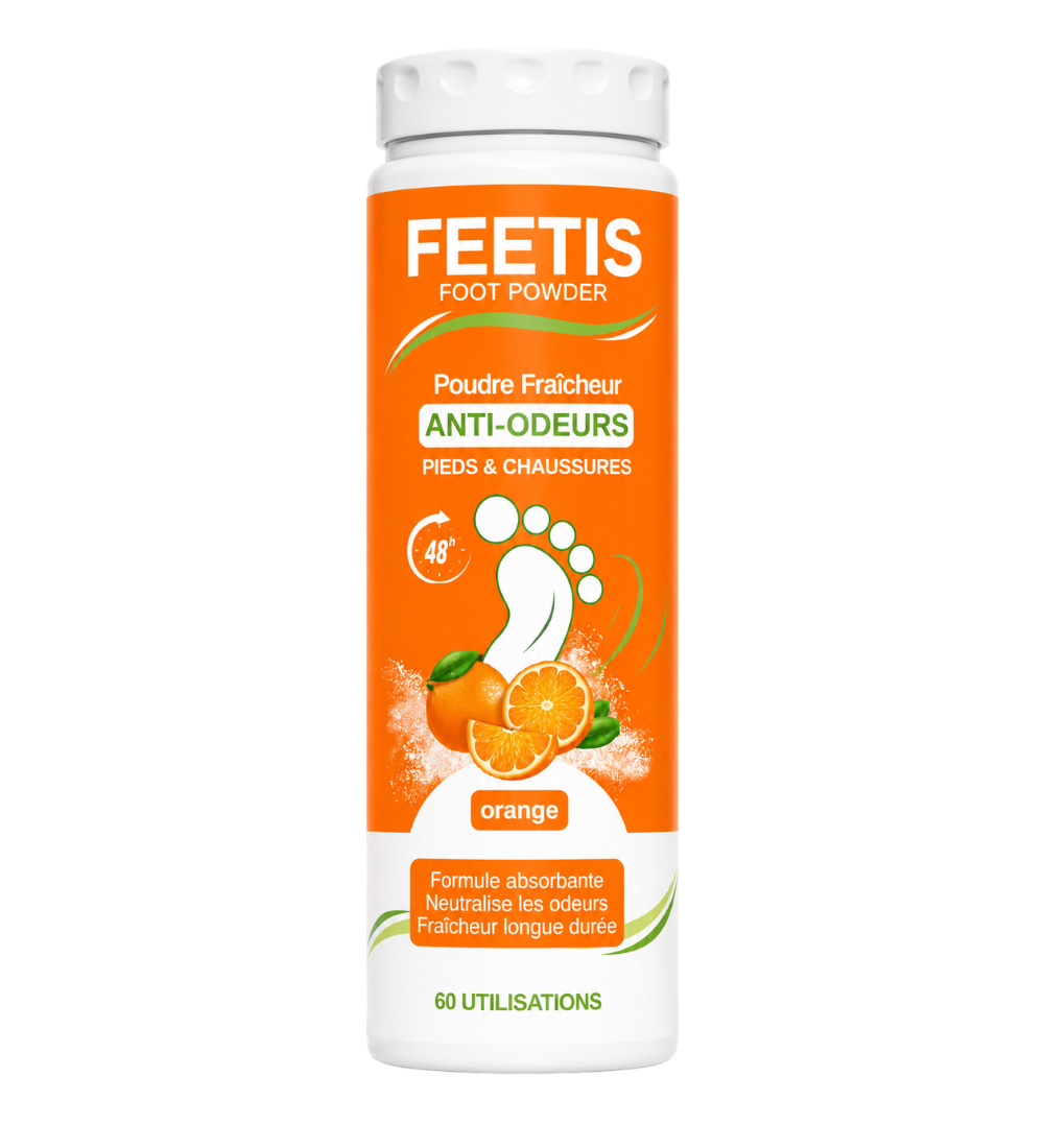 Feetis orange poudre fraîcheur pieds et chaussures absorbe l'humidité, enlève les mauvaises odeurs