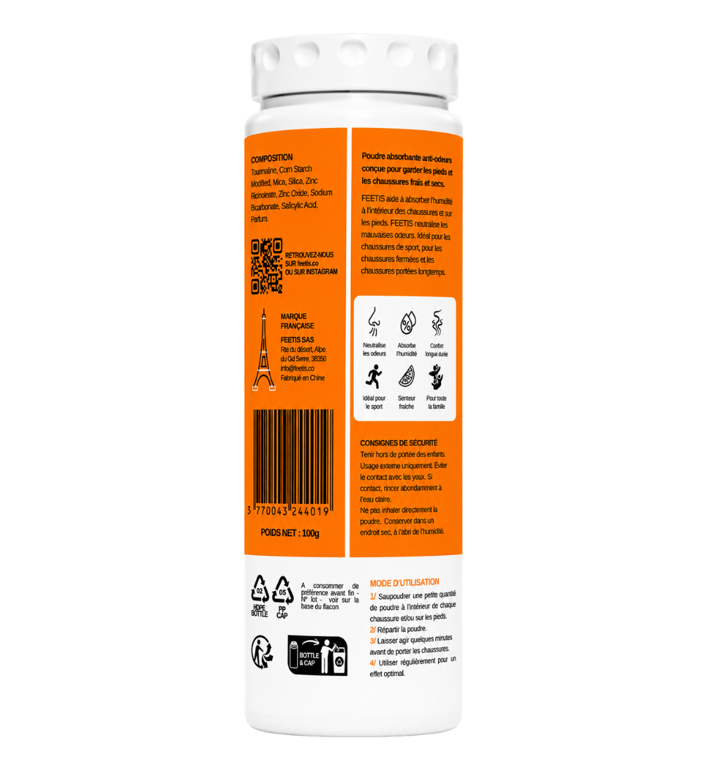 Feetis orange poudre fraîcheur pieds et chaussures absorbe l'humidité, enlève les mauvaises odeurs