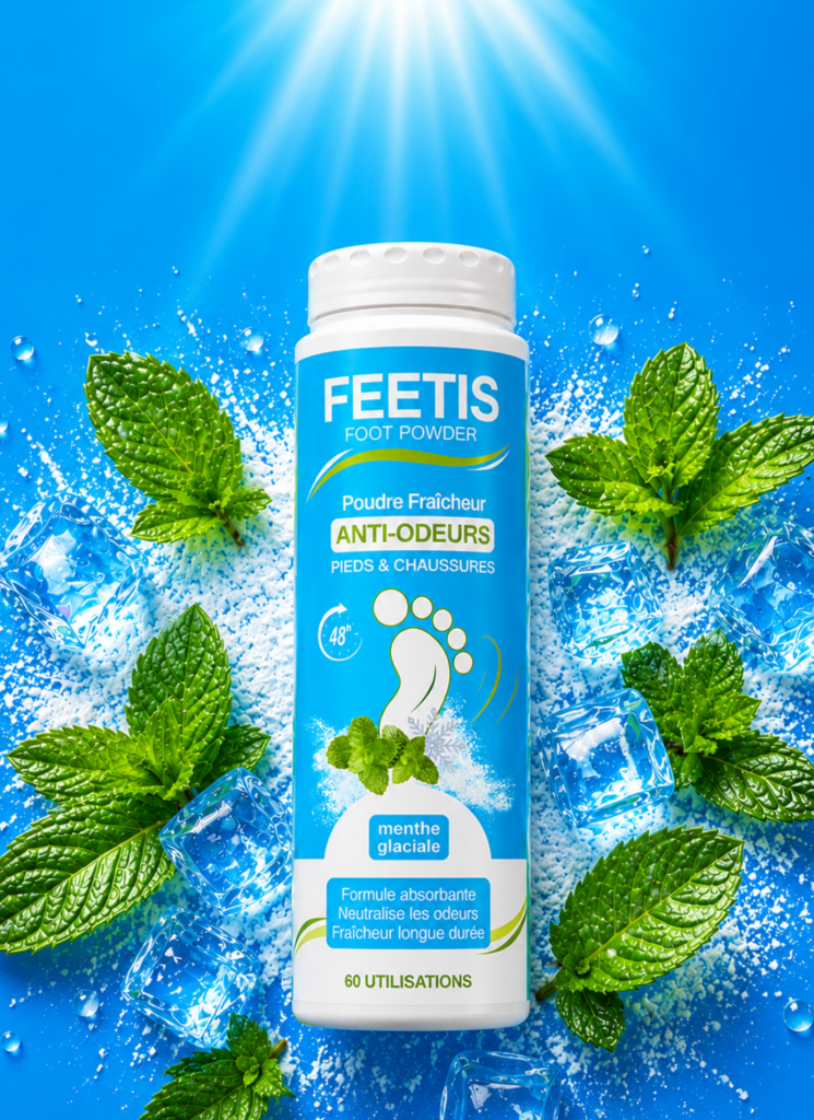 Feetis senteur menthe glaciale poudre contre les odeurs fraîcheur pieds et chaussures absorbe l'humidité, enlève les mauvaises odeurs
