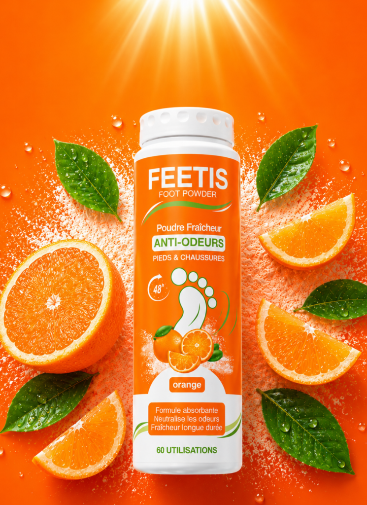 Feetis senteur orange poudre contre les odeurs fraîcheur pieds et chaussures absorbe l'humidité, enlève les mauvaises odeurs
